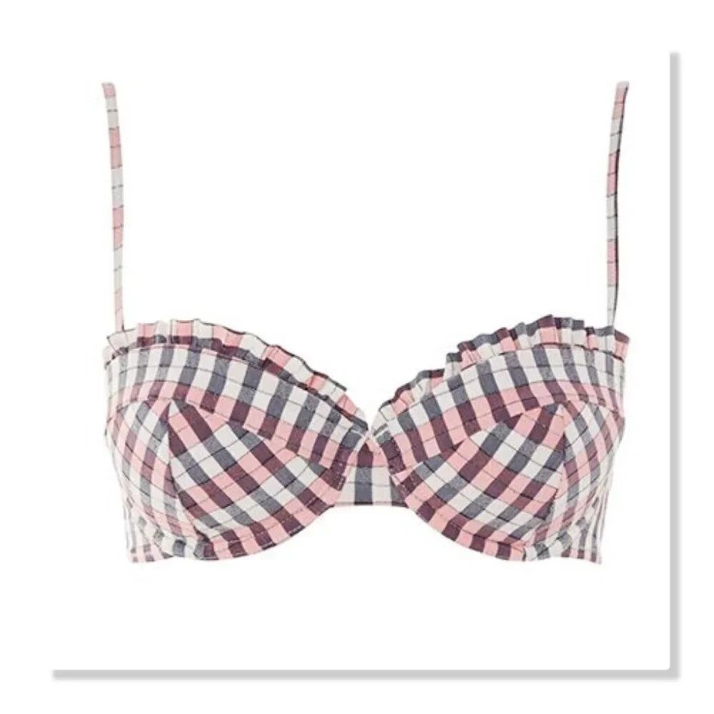 Topshop Check Ruffle Trim Balconette Bikini size 4 in Pink